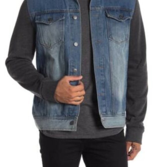 PX Men's Quinn Blue Denim Jacket with Detachable Hoodie Point collar Size Large - Picture 2 of 7